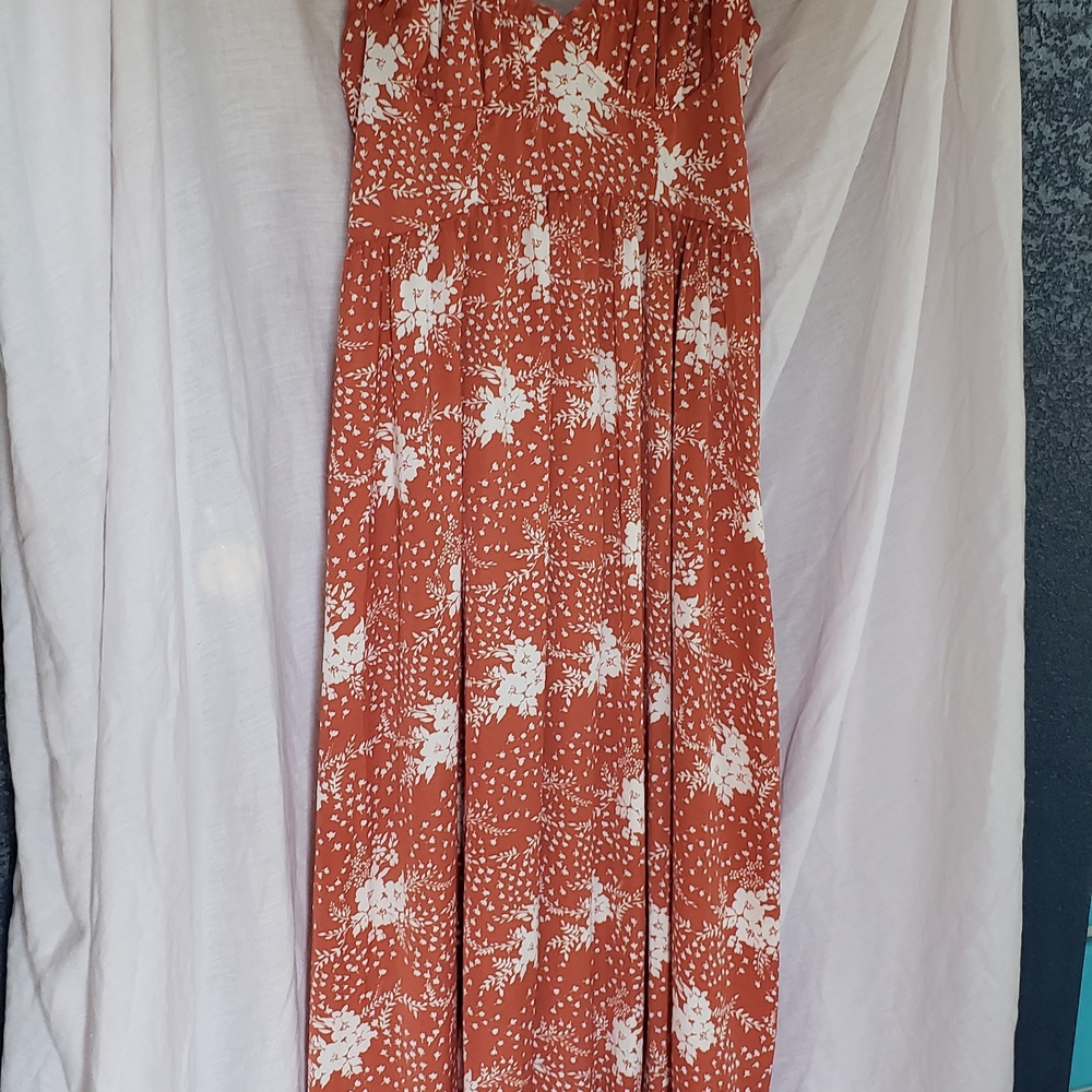 Simplee Rust and White Floral Dress. Medium. Light Weight. Ankle Length. Summer - Picture 7 of 8